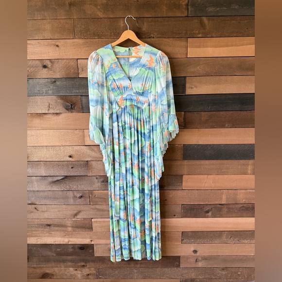 Vintage 70s Bird Print Cloudscape Maxi Dress Boho Flutter Sleeve Empire Waist - Picture 17 of 17